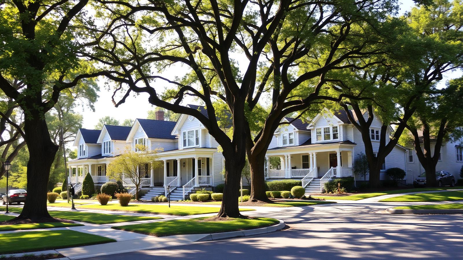 Tree-lined street of single-family homes
